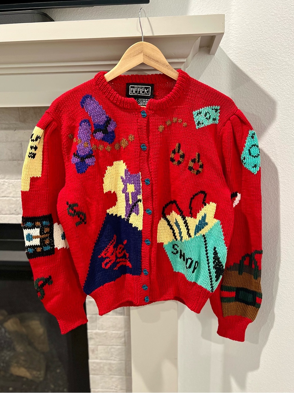 Vintage 80s Berek Red Novelty Knit Cardigan Shopaholic / Shoe Shopping Sweater